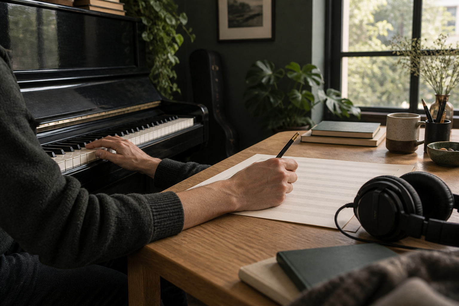 An illustrative music-making scene with piano, pencil, and staff paper